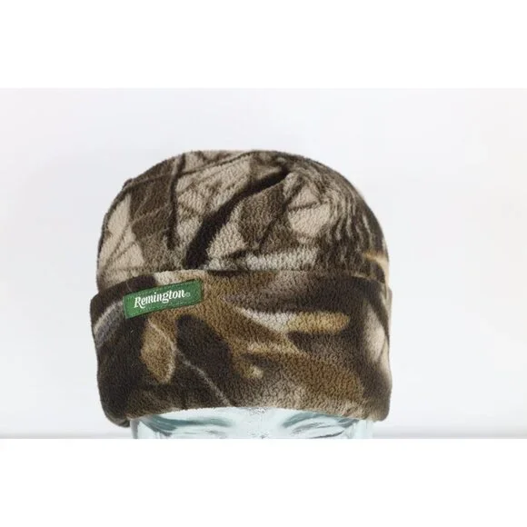Vintage Remington Spell Out Camouflage Winter Fleece Beanie Hat Cap  Polyester